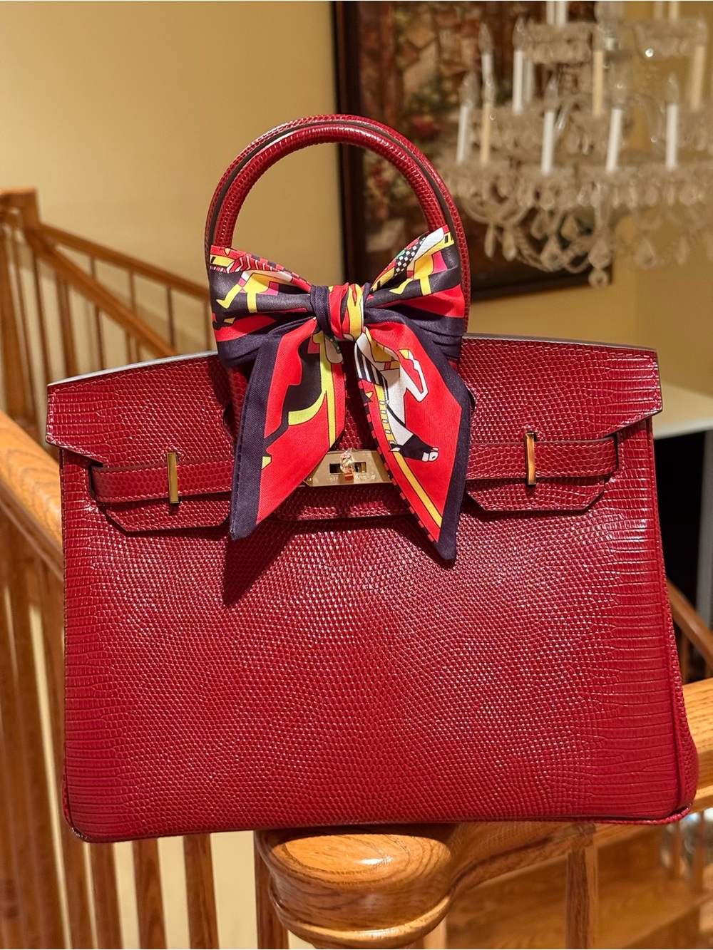 Elegant Embossed Lizard Rouge H  Top-Handle Bag with Scarf Accent with ghw 30C